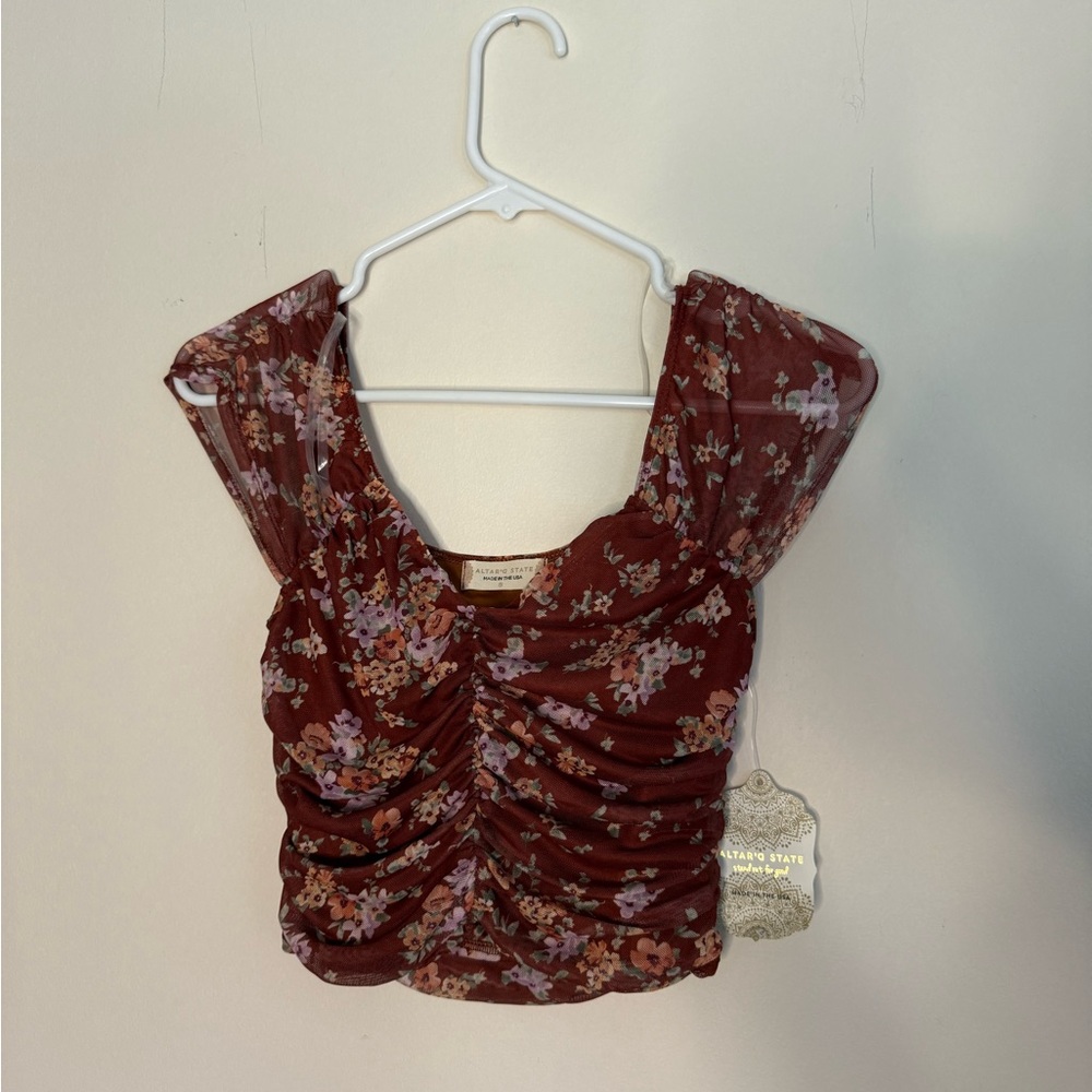 Altar'd State Brown Ruched Sailor Collar Blouse